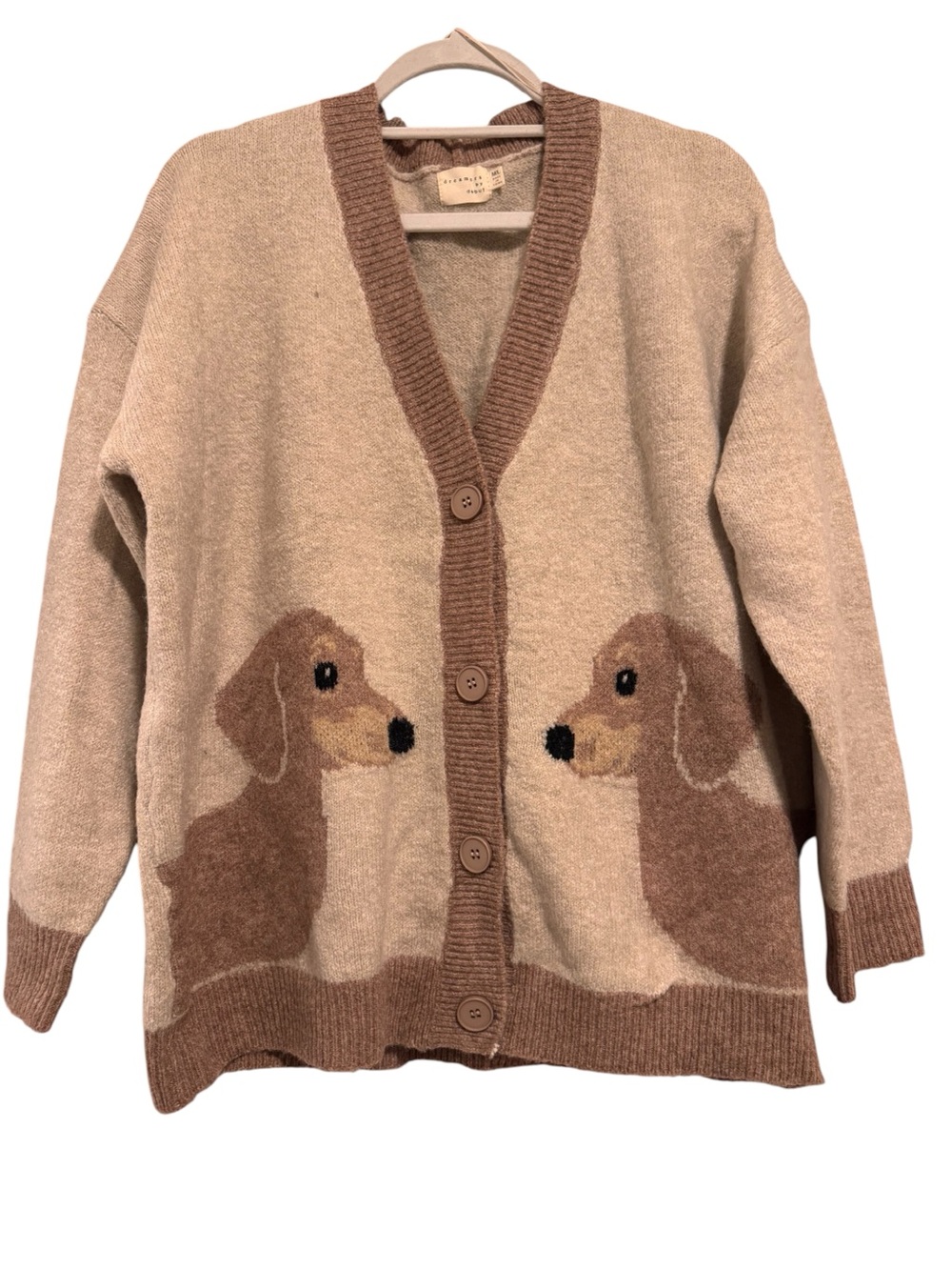🆕 Boutique Dog Motif Button-Front Cardigan Sweater in Brown & Tan - M/L